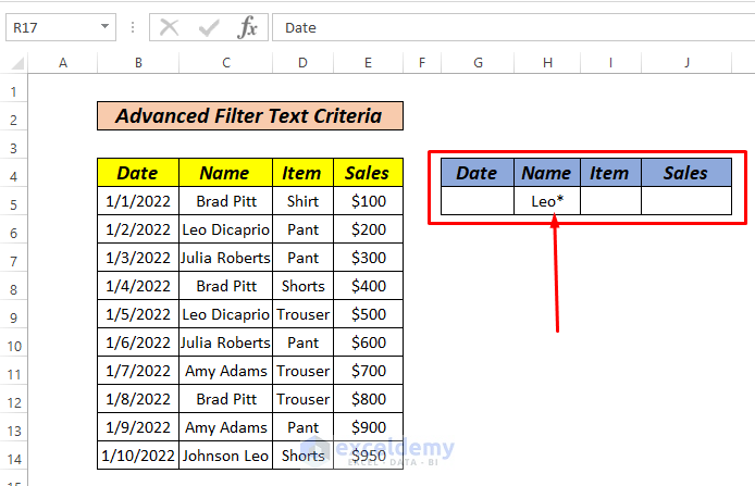 Advance Filter Text Criteria Begin With