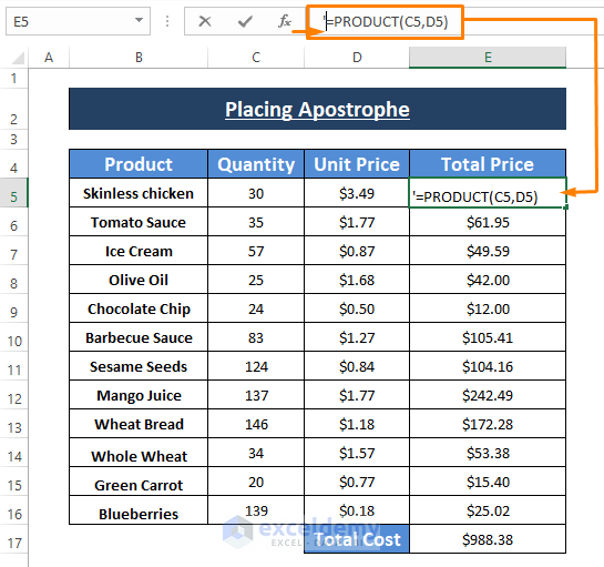 Apostrophe-How to Show Excel Formulas When Printing