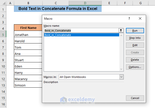 bold text in Excel concatenate