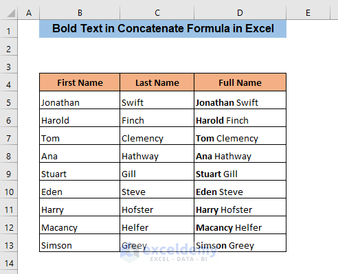how to bold text in concatenate formula in excel