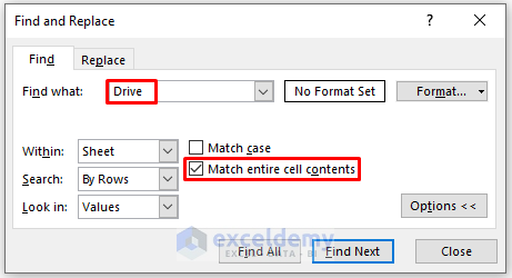 Unmark Match Entire Cell Contents If You Cannot Use CTRL+F Shortcut Command