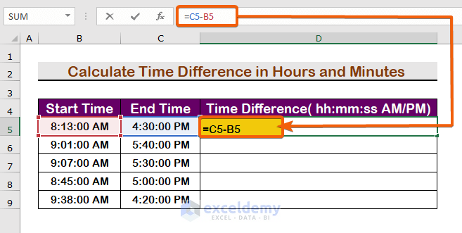 Use Formula to Calculate Time Difference Between AM and PM in Hours and Minutes