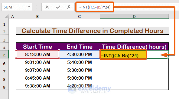 Apply the INT function to Calculate Time Difference Between AM and PM in Completed Hours