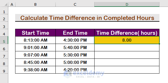 Apply the INT function to Calculate Time Difference Between AM and PM in Completed Hours
