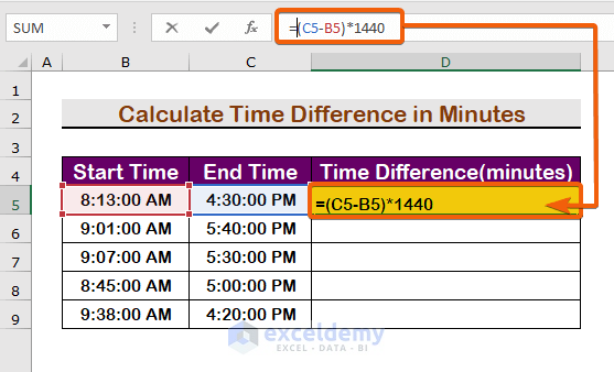 Use Formula to Calculate Time Difference Between AM and PM in Minutes