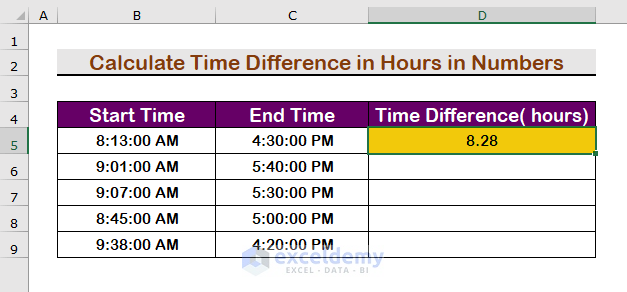 Calculate Time Difference Between AM and PM in Hours in Numbers Applying Formula