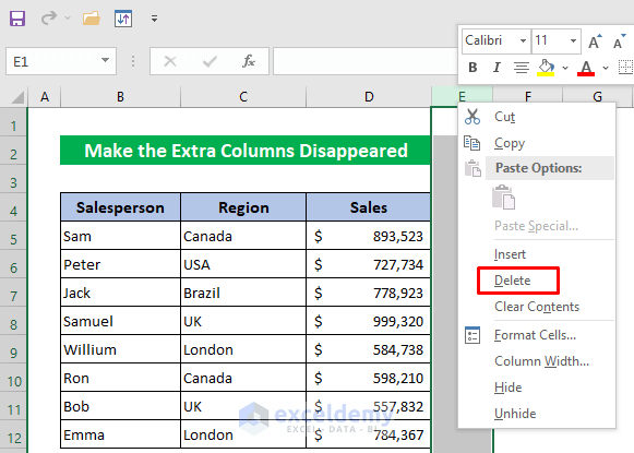 Make the Extra Columns Disappeared If You Can't Delete Extra Columns in Excel
