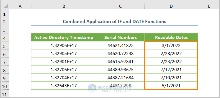 Combined Application of IF and DATE Functions to Convert Active Directory Timestamp to Date Excel