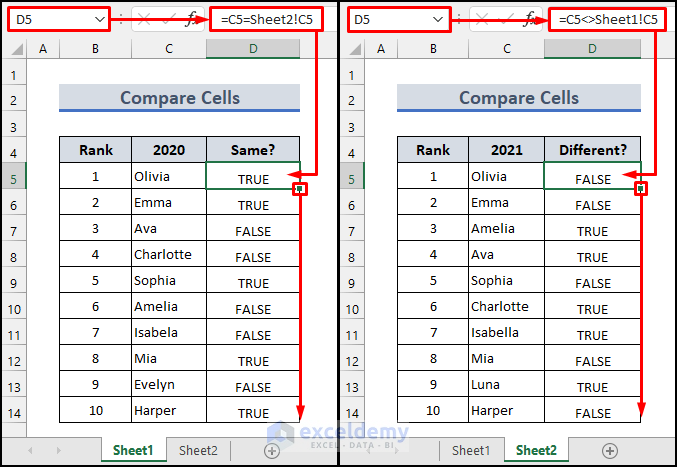 Simple Formula(Using =, <>) to Compare Two Cells in Different Sheets