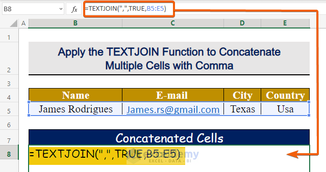 Apply the TEXTJOIN Function to Concatenate Multiple Cells with Comma