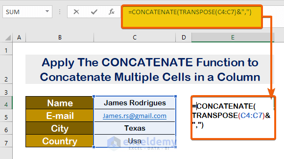 Apply The CONCATENATE Function to Concatenate Multiple Cells with Comma