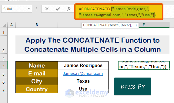 Apply The CONCATENATE Function to Concatenate Multiple Cells with Comma