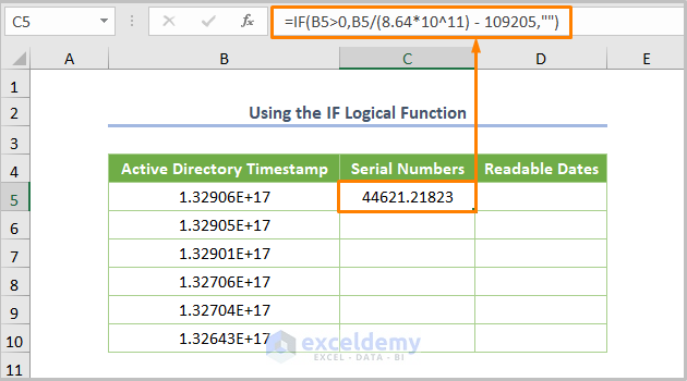 Using the IF Logical Function to Convert Active Directory Timestamp to Date in Excel