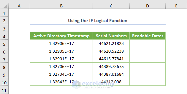 Using the IF Logical Function to Convert Active Directory Timestamp to Date in Excel