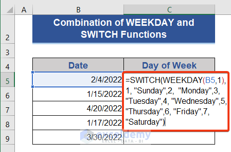 Combine SWITCH and WEEKDAY Functions to Transform Date to Day in Excel