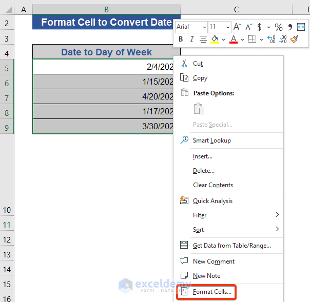 Format Cells Option to Convert Date to Day of Week in Excel