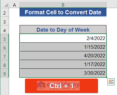Format Cells Option to Convert Date to Day of Week in Excel
