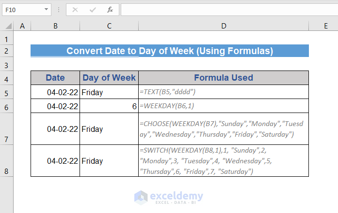 How to Convert Date to Day of Week in Excel