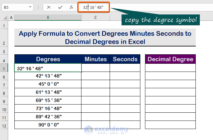 Apply a Formula to Convert Degrees Minutes Seconds to Decimal Degrees in Excel