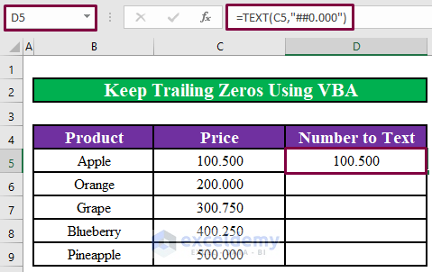 Use a VBA Code to Convert Number to Text and Keep Trailing Zeros in Excel