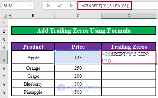 Add Trailing Zeros Using Formula in Excel