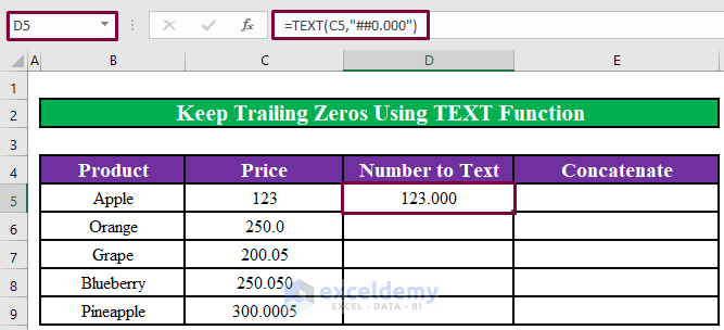 Convert Number to Text and Keep Trailing Zeros in Excel Using the TEXT Function