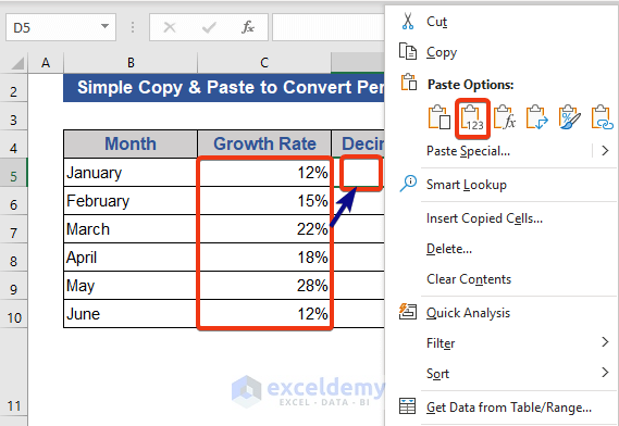 Simple Excel Copy-Paste Method to Convert Percentage to Decimal