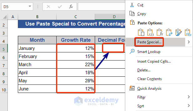 Apply Excel Paste Special Method to Convert Percentage
