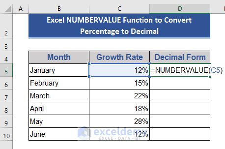 Excel NUMBERVALUE Function to Convert Percentage to Decimal