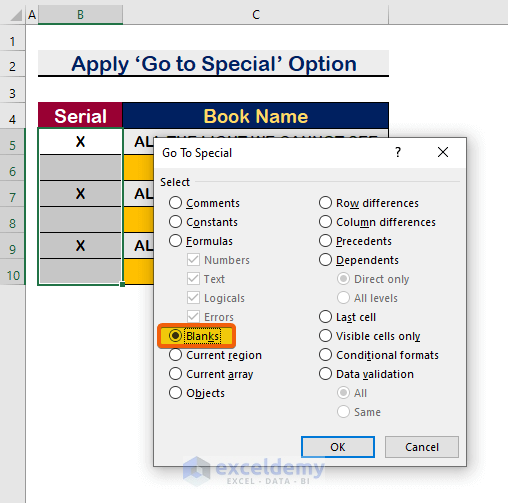 Apply the Go to Special Option to Copy Alternate Rows in Excel