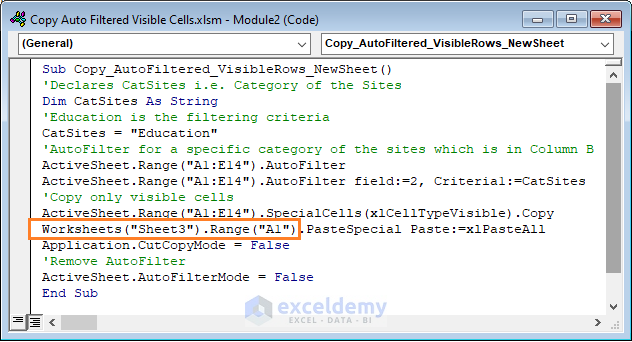 VBA Code Copy Auto Filtered Visible Rows in New Sheet
