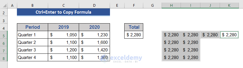 Use CTRL+Enter to Copy Exact Formula in Multiple Cells