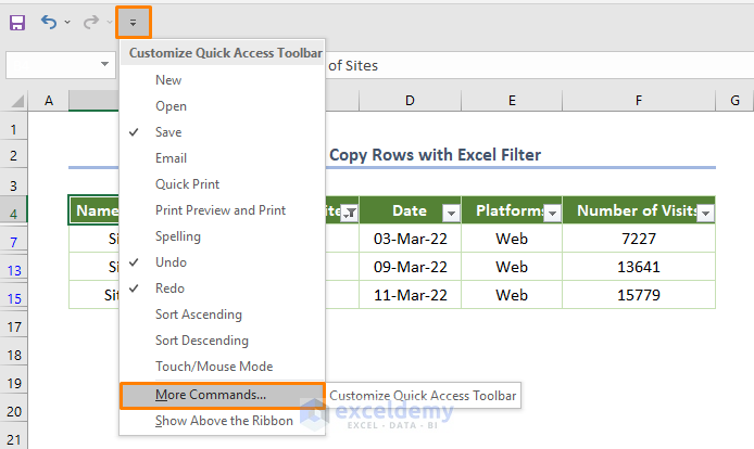 how to copy rows in excel with filter Quick Access Toolbar 