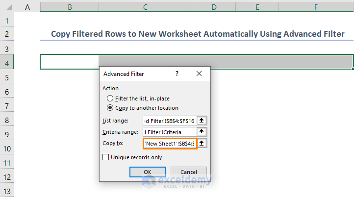 how to copy rows in excel with filter to new sheet automatically