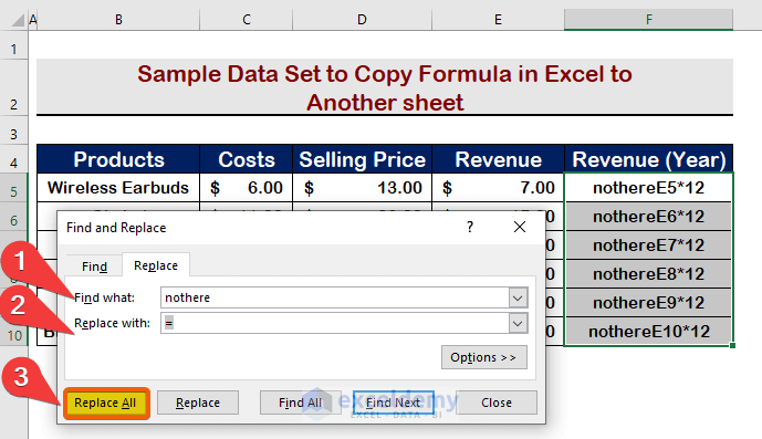 Perform Find & Replace Option to Copy Formula to Another sheet in Excel