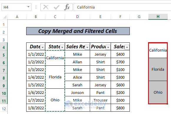 Copy Merged & Filtered Cells in Excel