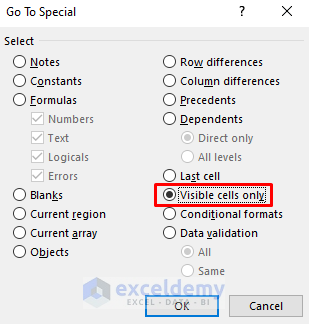 Use Go To Special Dialog Box to Copy Rows in Excel Except Hidden Rows