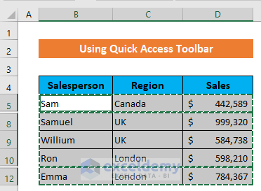 Use Excel Quick Access Toolbar to Copy Rows without Hidden Rows