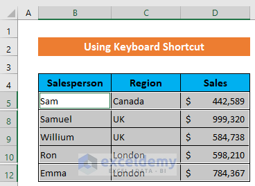 Apply Keyboard Shortcut to Copy Rows in Excel Except the Hidden Ones