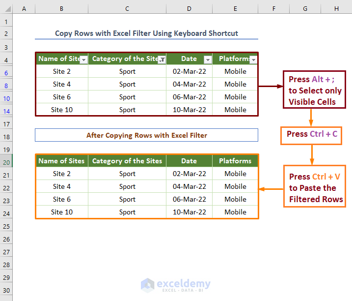 how to copy rows in excel with filter using keyboard shortcut