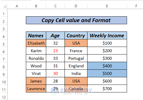 Copy cell format and values in excel