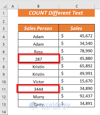 count cells in excel with different text
