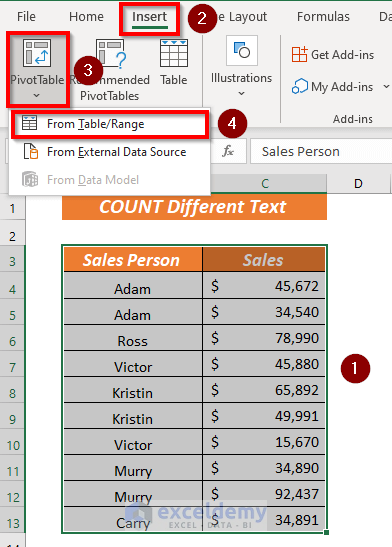 count cells in excel with different text