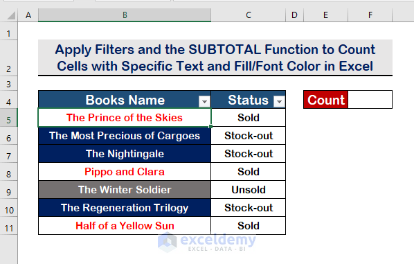 Apply Filter and the SUBTOTAL Function to Count Cells with Specific Text and Fill/Font Color in Excel