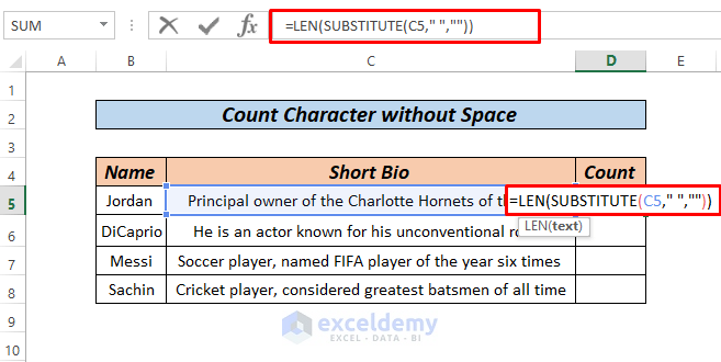 Count Character without Space using LEN