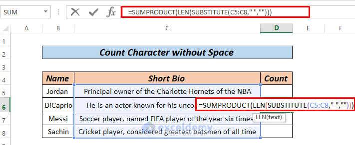 Count Character without Space using sumproduc