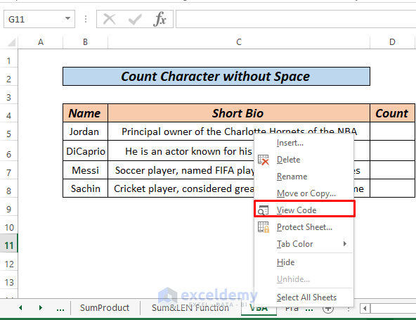 excel count characters in cell without spaces using vba