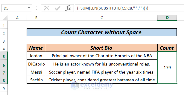 Count Characters without space sum array