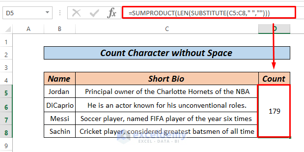 Count Characters without space sumproduct