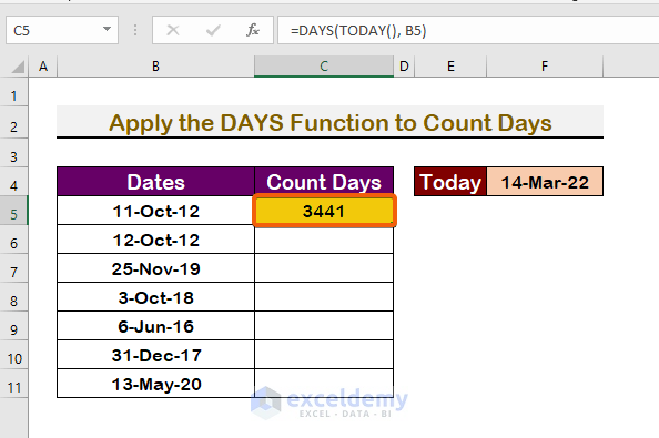 Count Days from Date to Today Automatically Using Excel Formula
